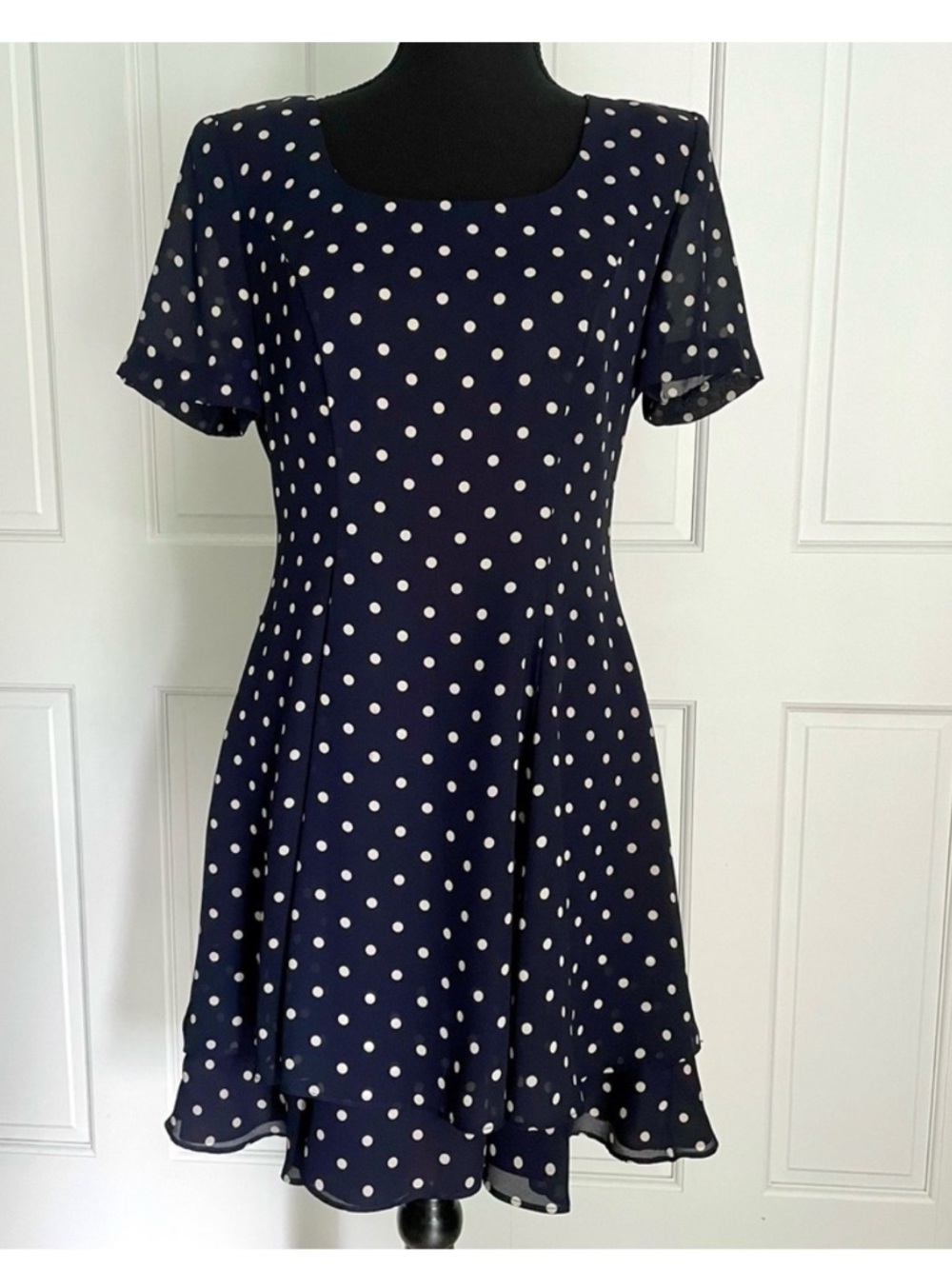 Vintage Jeffrey & Dara Petite Polka Dot Dress Size 6 Navy Blue and Cream